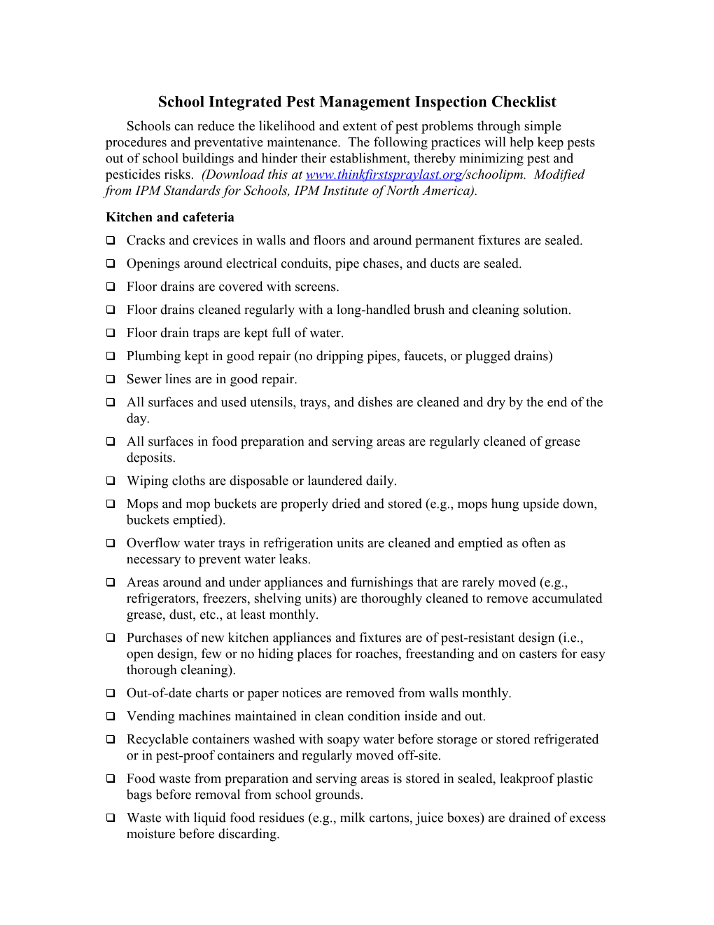 School Integrated Pest Management Inspection Checklist