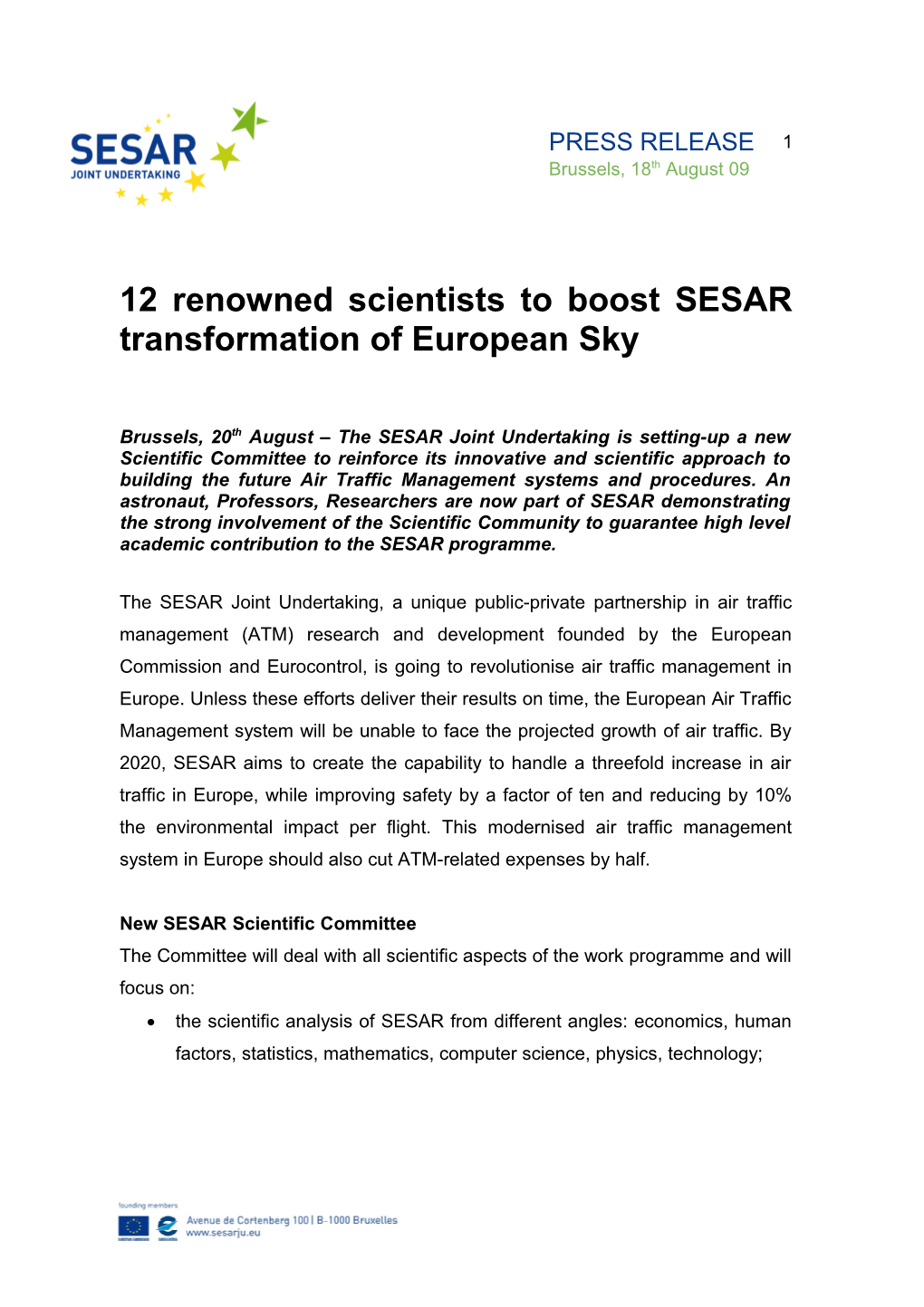 12 Renowned Scientists to Boost SESAR Transformation of European Sky