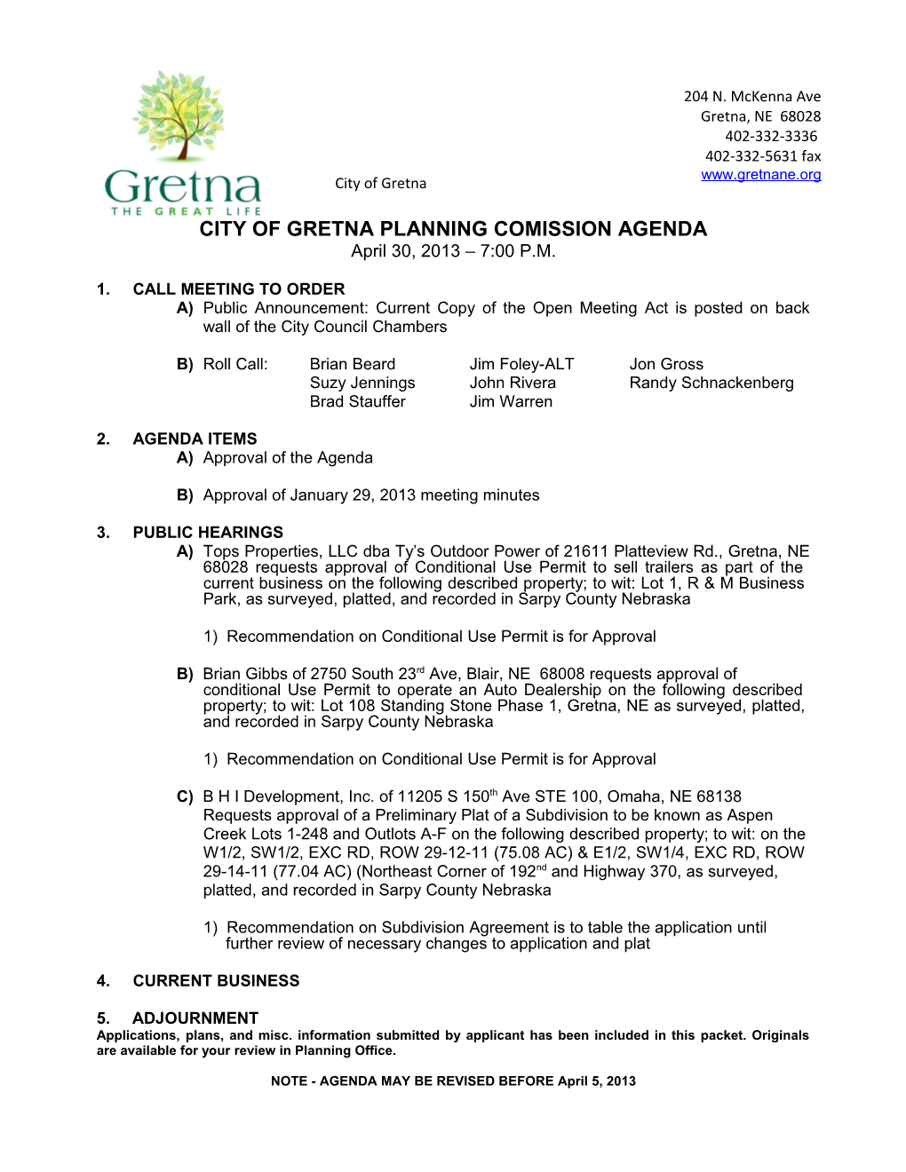 City of Gretna Planning Comission Agenda