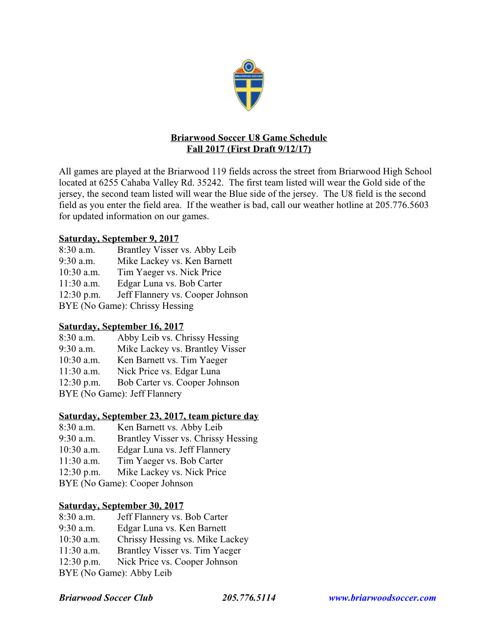 Briarwood Soccer U8 Game Schedule