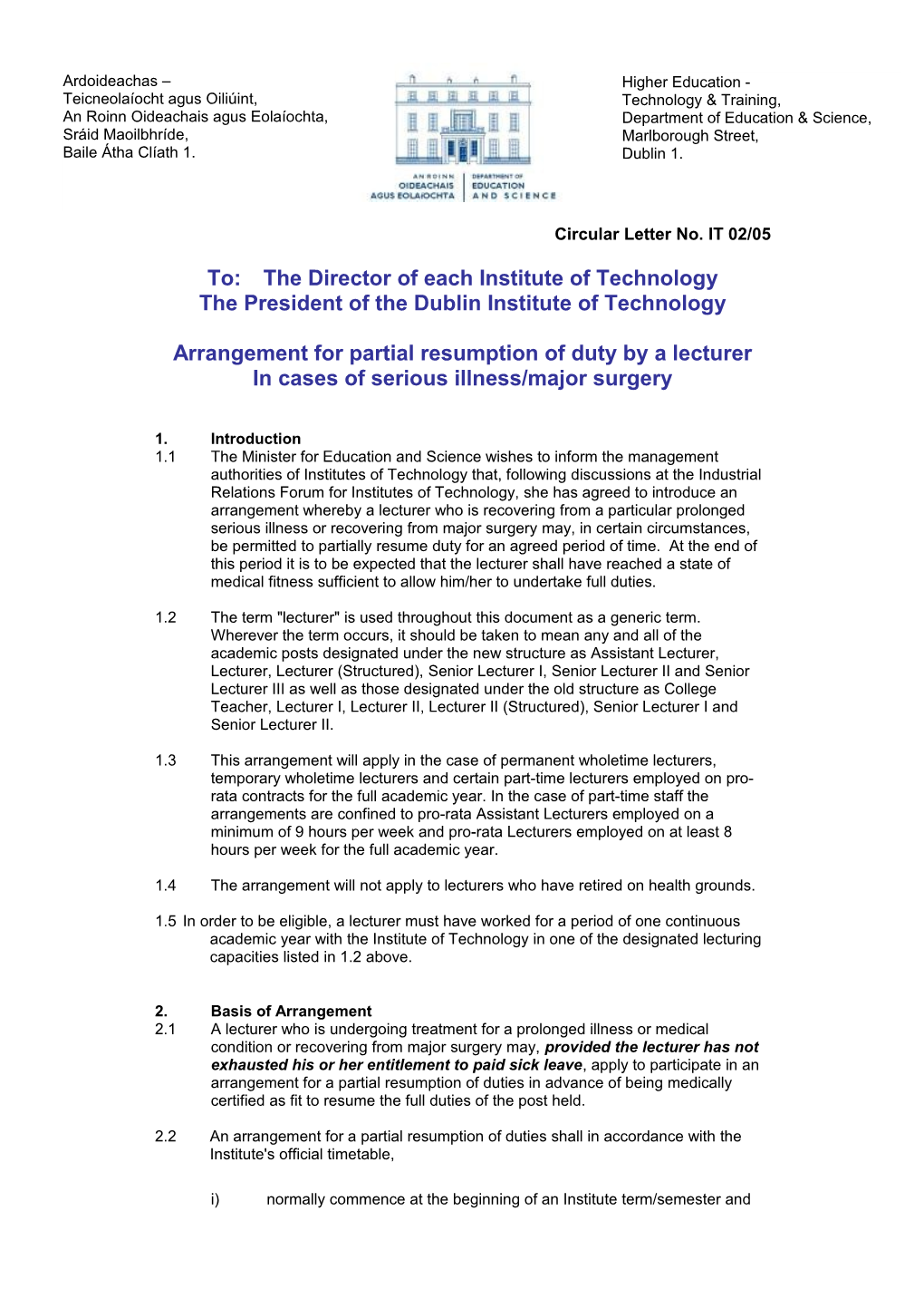 Circular IT 02/05 - Arrangement for Partial Resumption of Duty by a Lecturer in Cases Of
