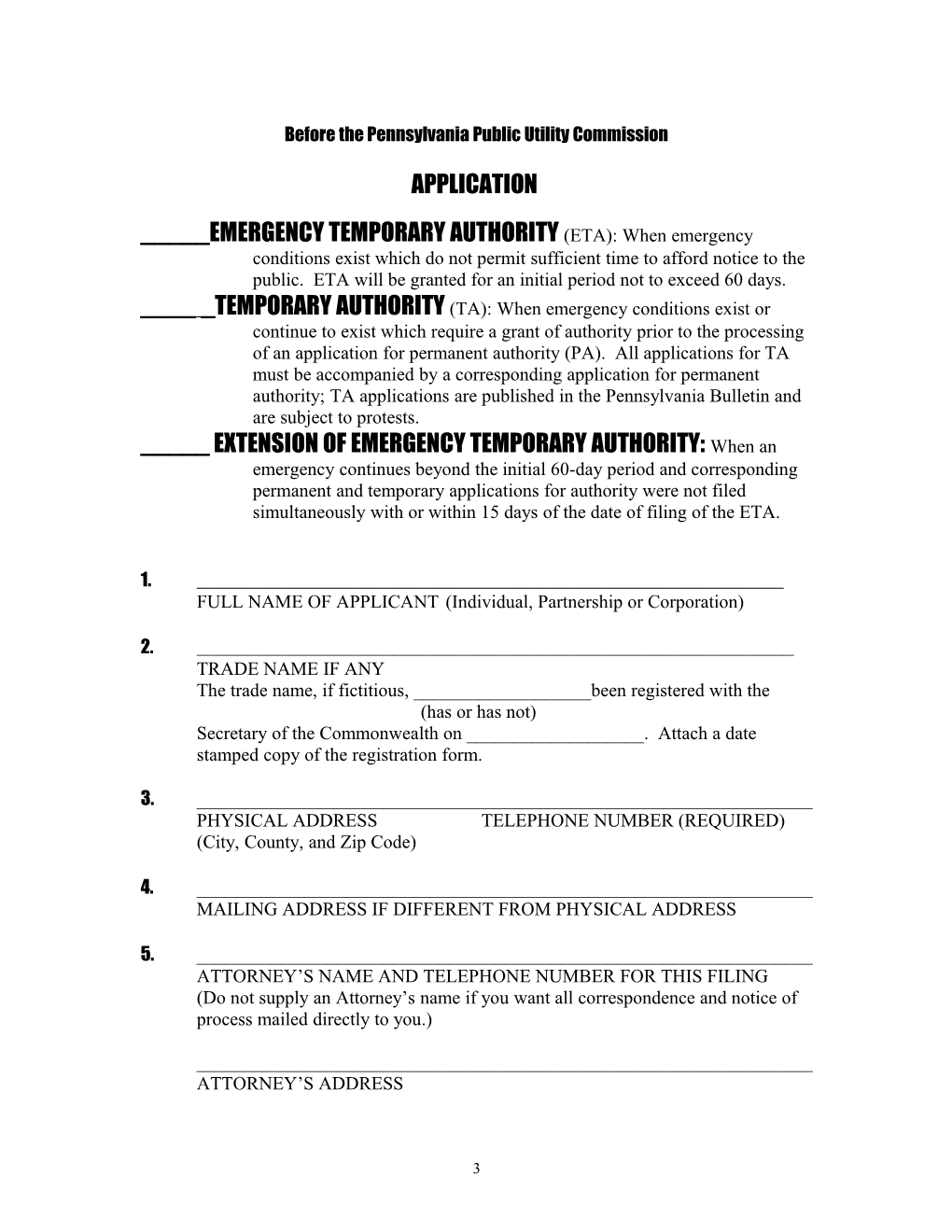 PUC 182 (Revised 4/02): Emergency Temporary Authority and Temporary Authority