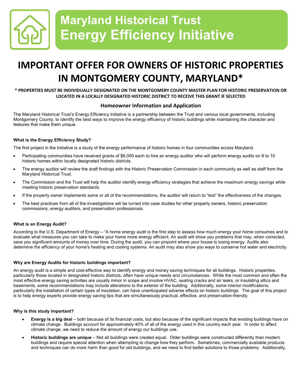 Important Offer for Owners of Historic Properties in Montgomery County, Maryland*