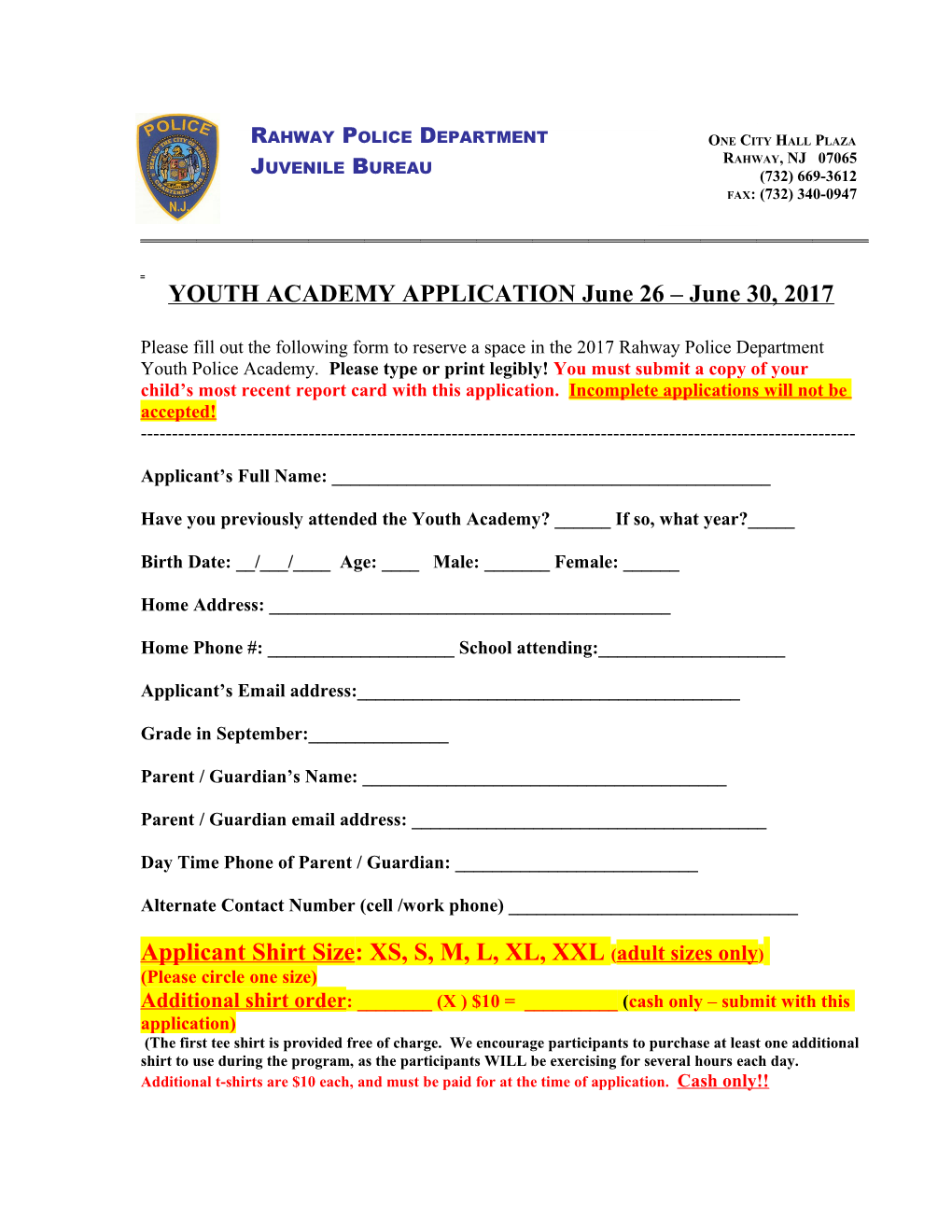 YOUTH ACADEMY APPLICATION June 26 June 30, 2017