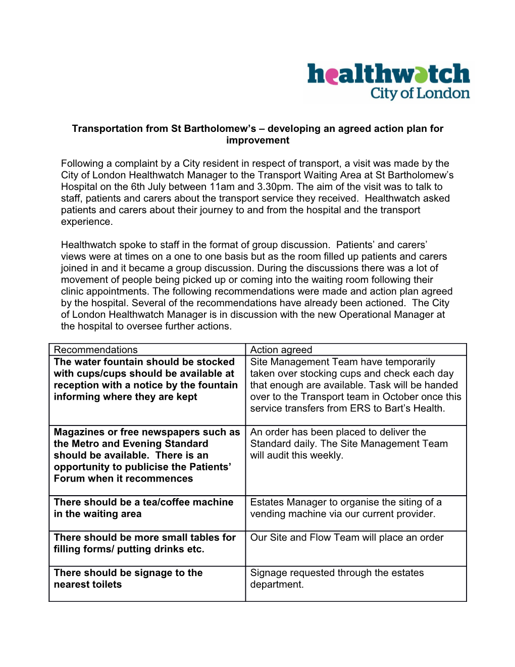 Transportation from St Bartholomew S Developing an Agreed Action Plan for Improvement