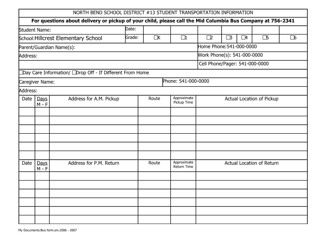 North Bend School District #13 Student Transportation Information