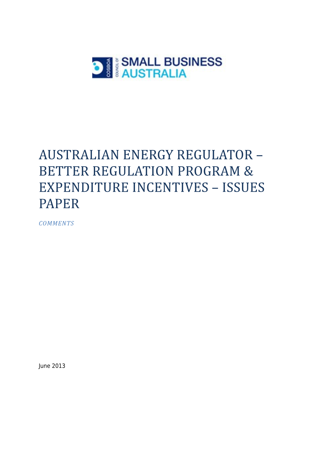 Australian Energy Regulator Better Regulation Program & Expenditure Incentives Issues Paper