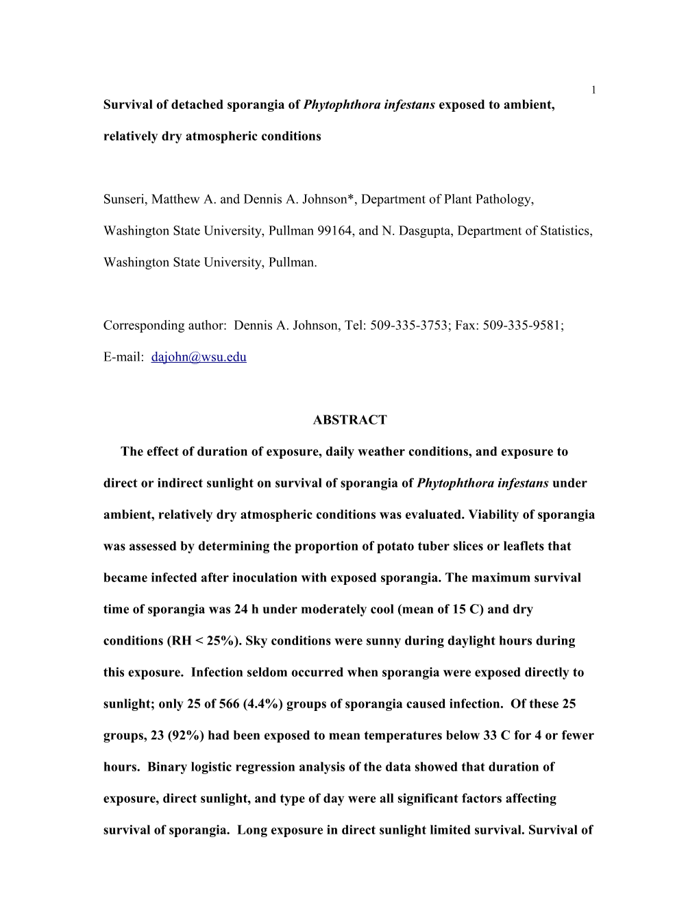 Survival of Detached Sporangia of Phytophthora Infestans Exposed to Ambient, Relatively