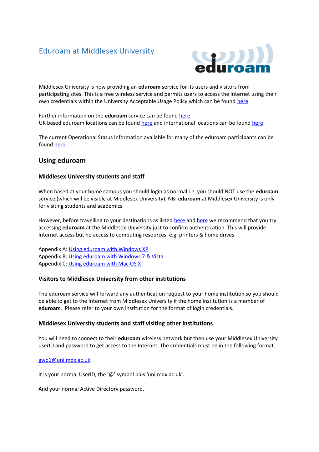 Eduroam at Middlesex University