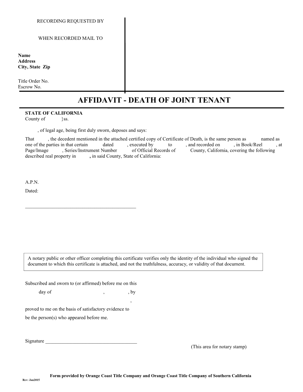 Affidavit - Death Of Joint Tenant