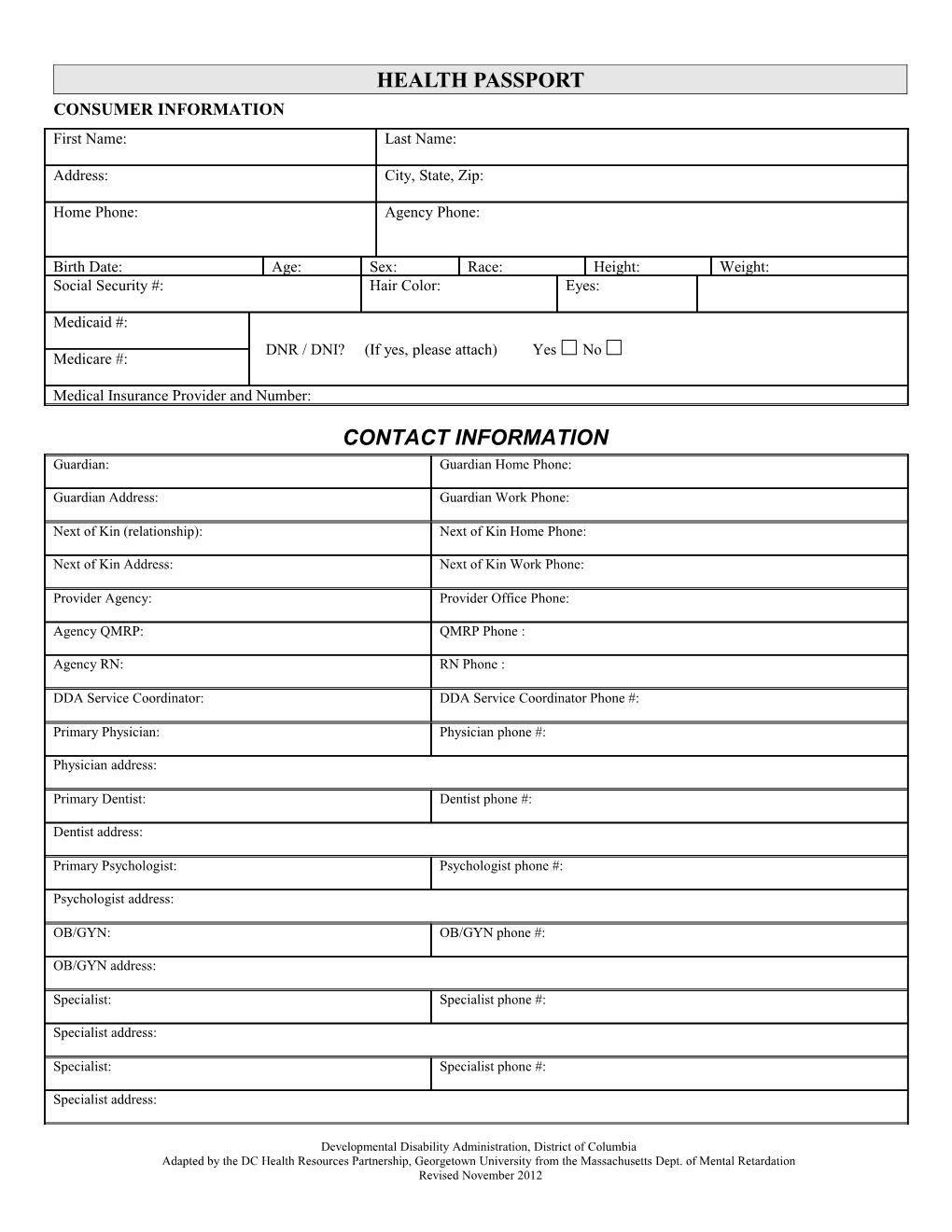 Medical Profile Summary Form