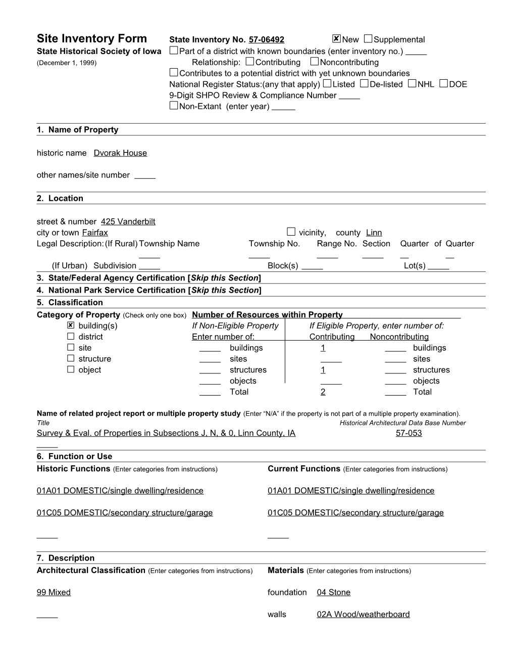 Site Inventory Form	State Inventory No s3