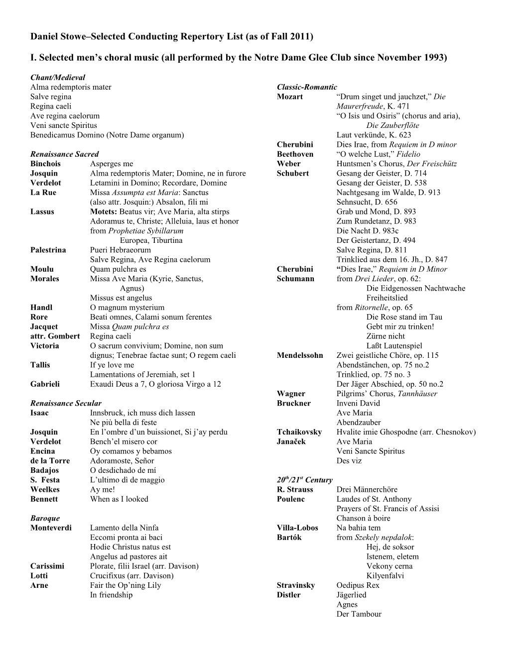 Daniel Stowe Selected Repertory List