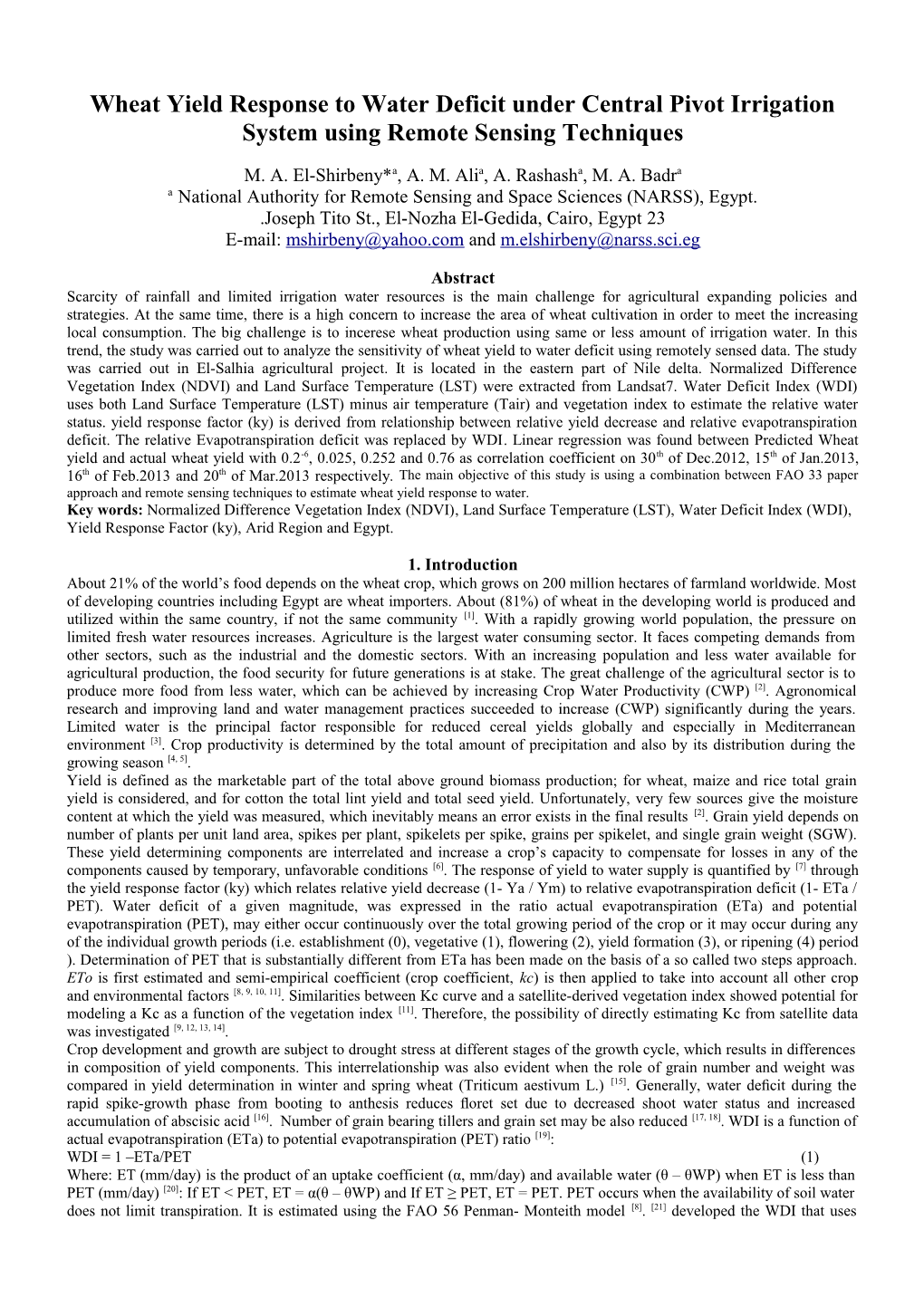 Wheat Yield Response to Water Deficit Index Using Remote Sensing