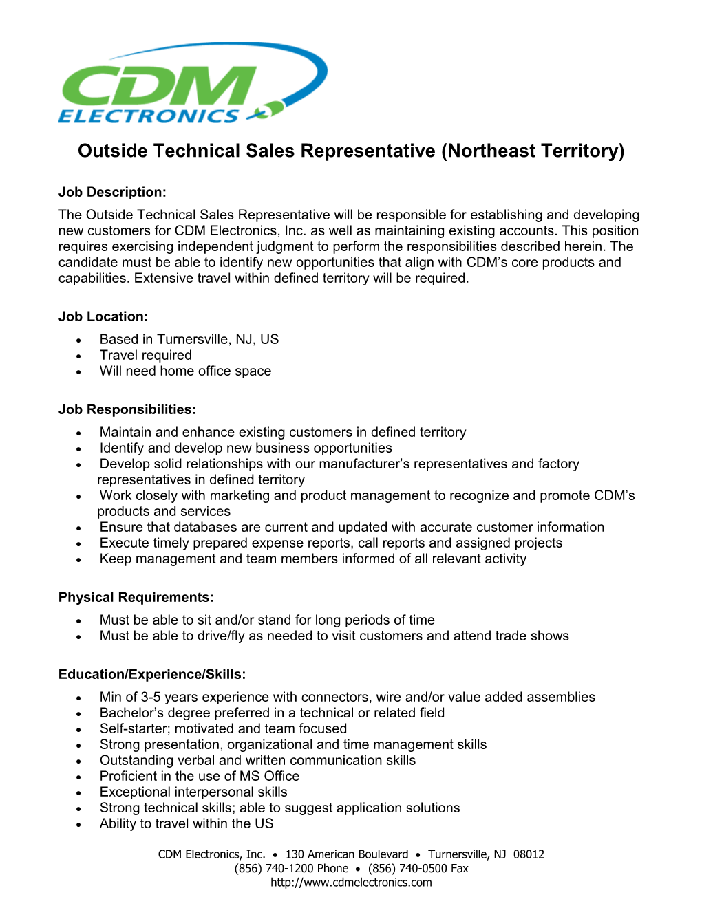 Outside Technical Sales Representative (Northeast Territory)