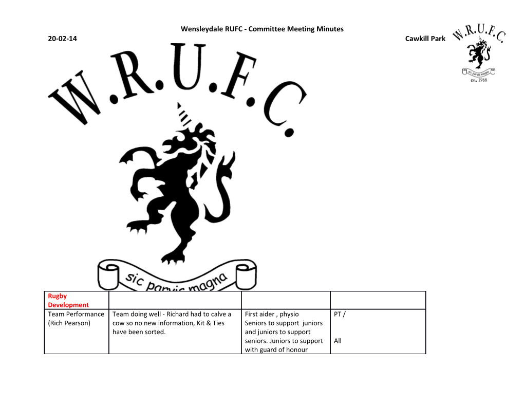 Wensleydale RUFC - Committee Meeting Minutes