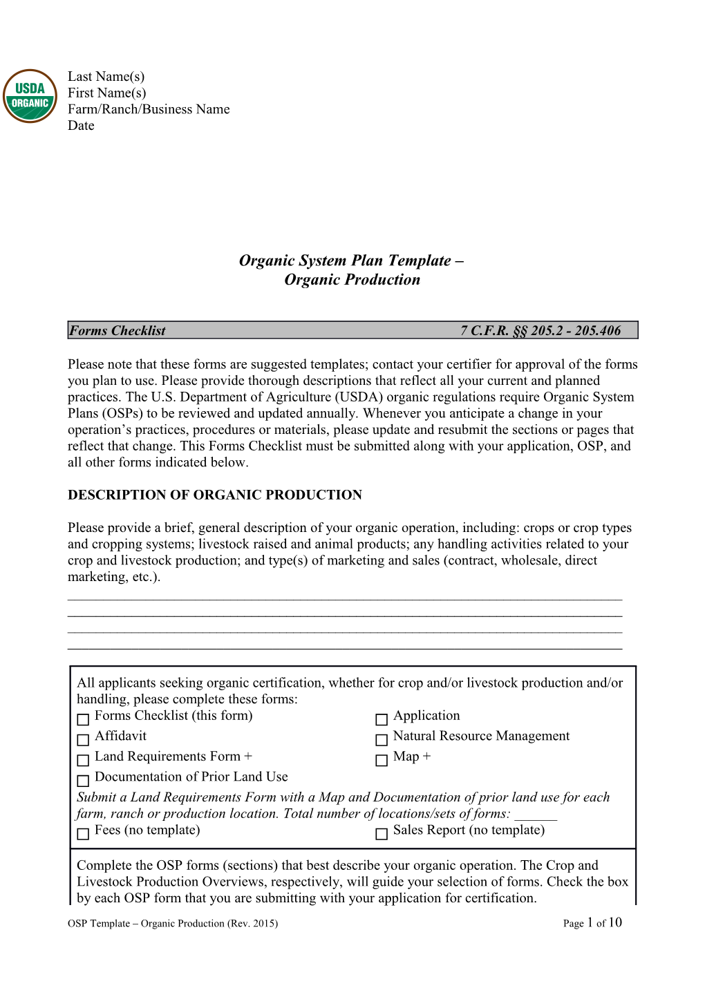 Organic Production System Plan