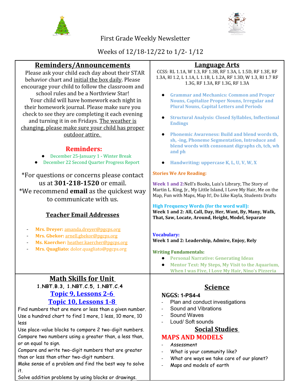 First Grade Weekly Newsletter