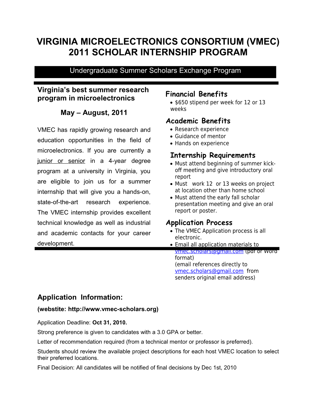Available 2007 Summer Scholar Position