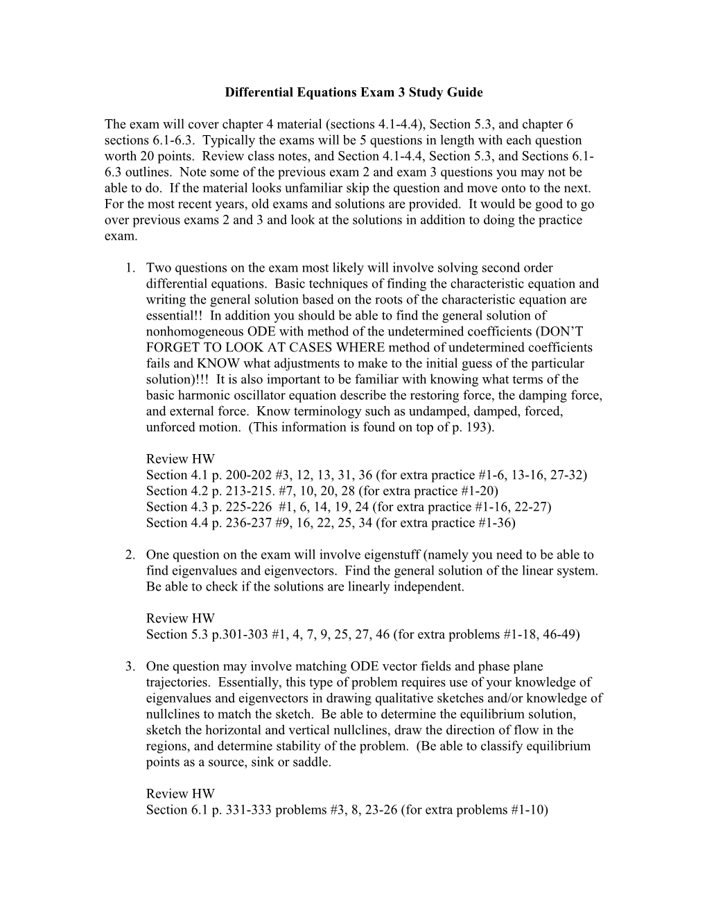 Differential Equations Exam 3 Study Guide