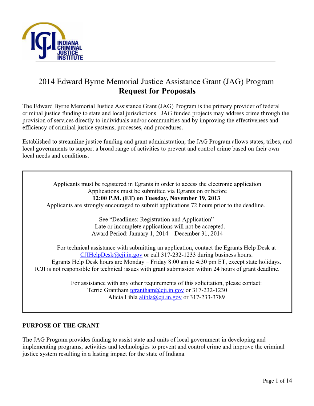 2014 Edward Byrne Memorial Justice Assistance Grant (JAG) Program Request for Proposals