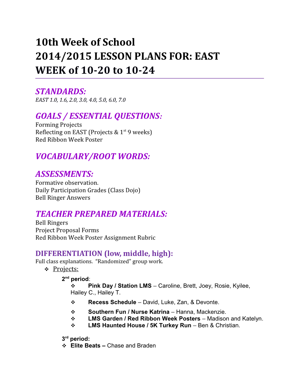 2014/2015 Lesson Plans For: East