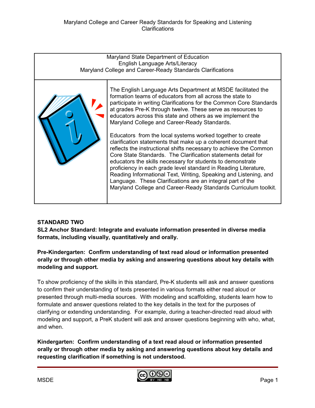 Maryland College and Career Ready Standards for Speaking and Listening