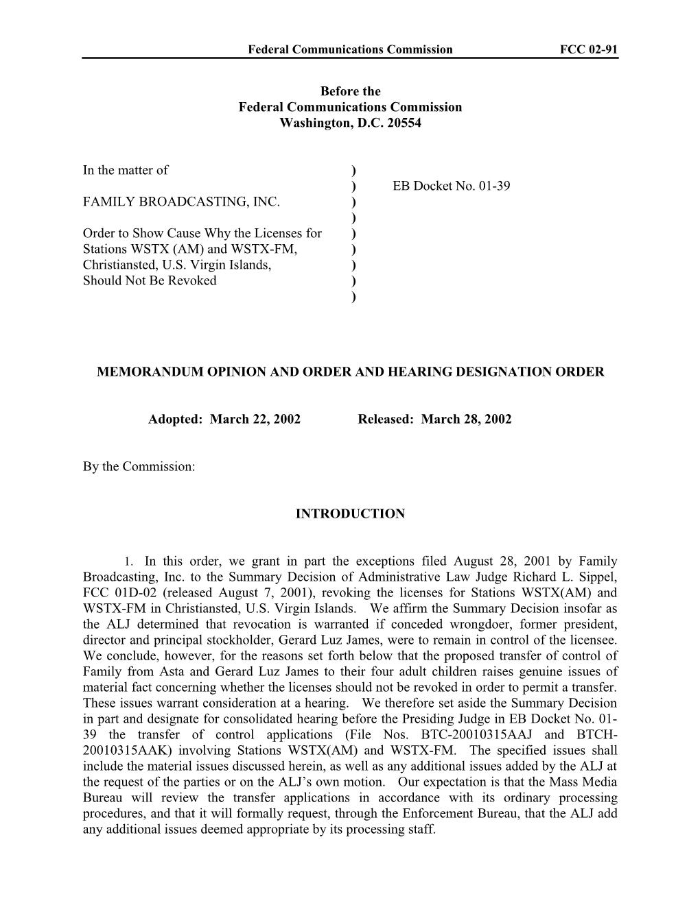 Memorandum Opinion and Order and Hearing Designation Order