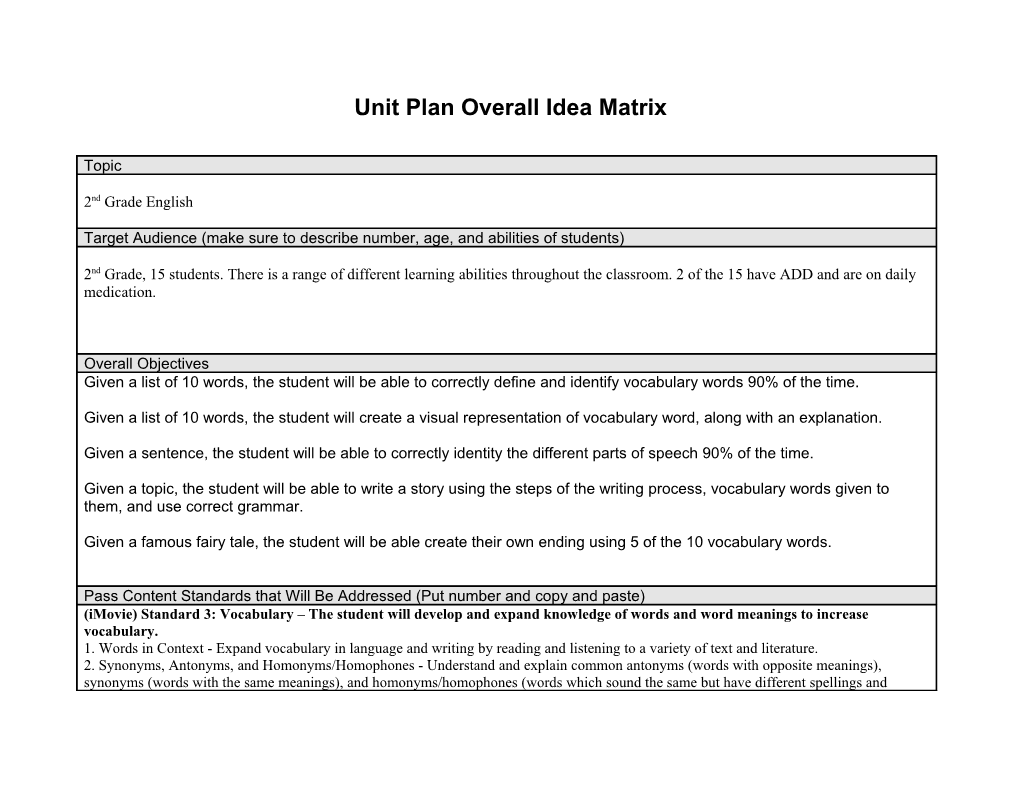 Unit Plan Overall Idea Matrix