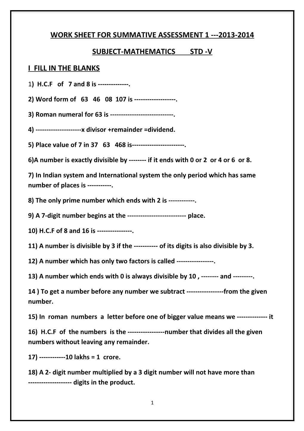 Work Sheet for Summative Assessment 1 2013-2014