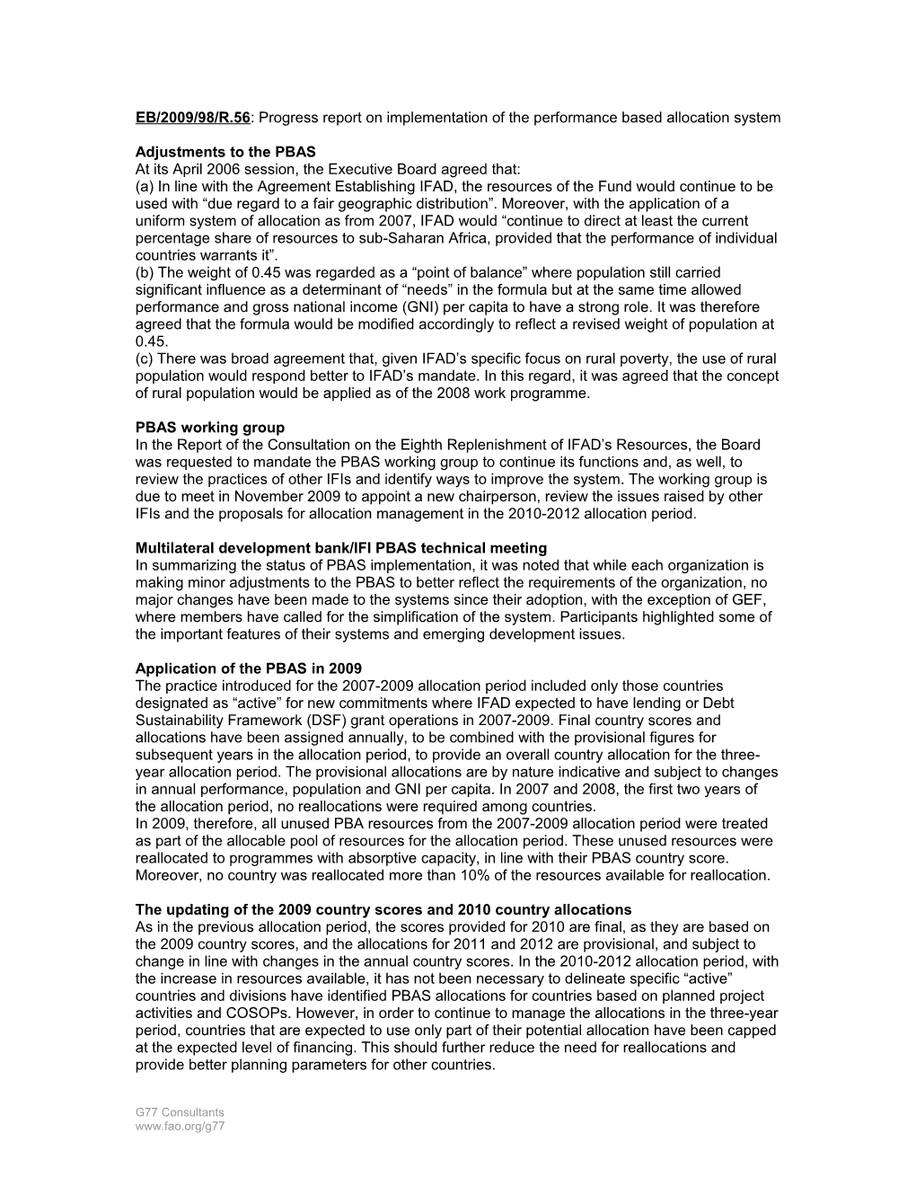 EB/2009/98/R.56: Progress Report on Implementation of the Performance Based Allocation System