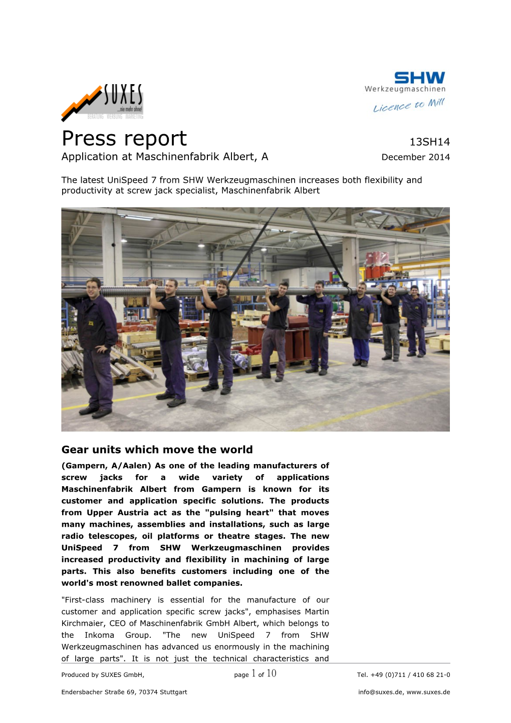 Press Report 13SH14 Application at Maschinenfabrik Albert, Adecember2014