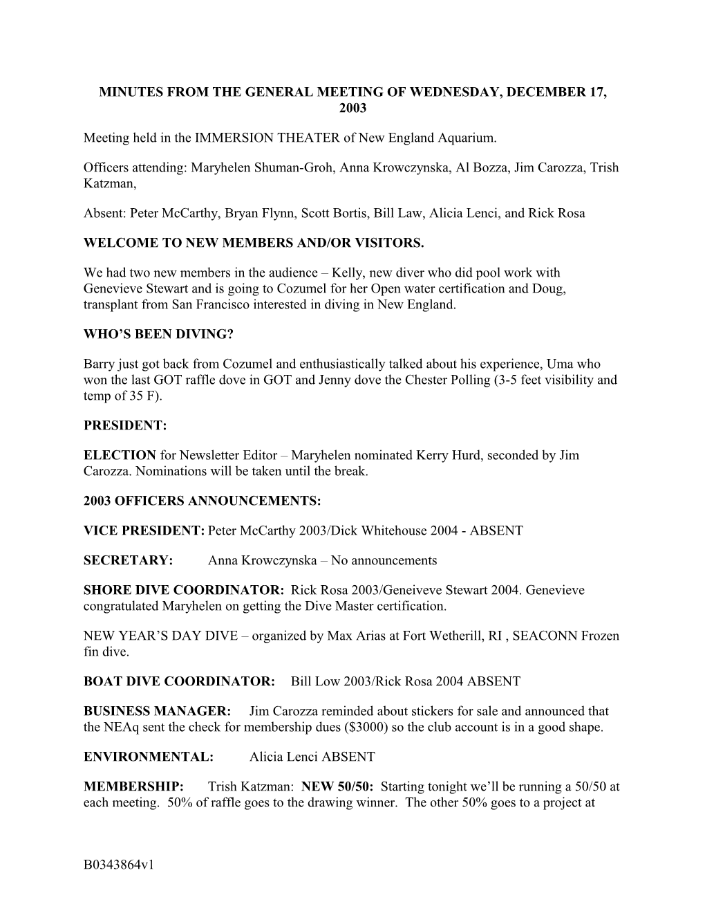 Minutes of December 2003 General Meeting (B0343864;1)