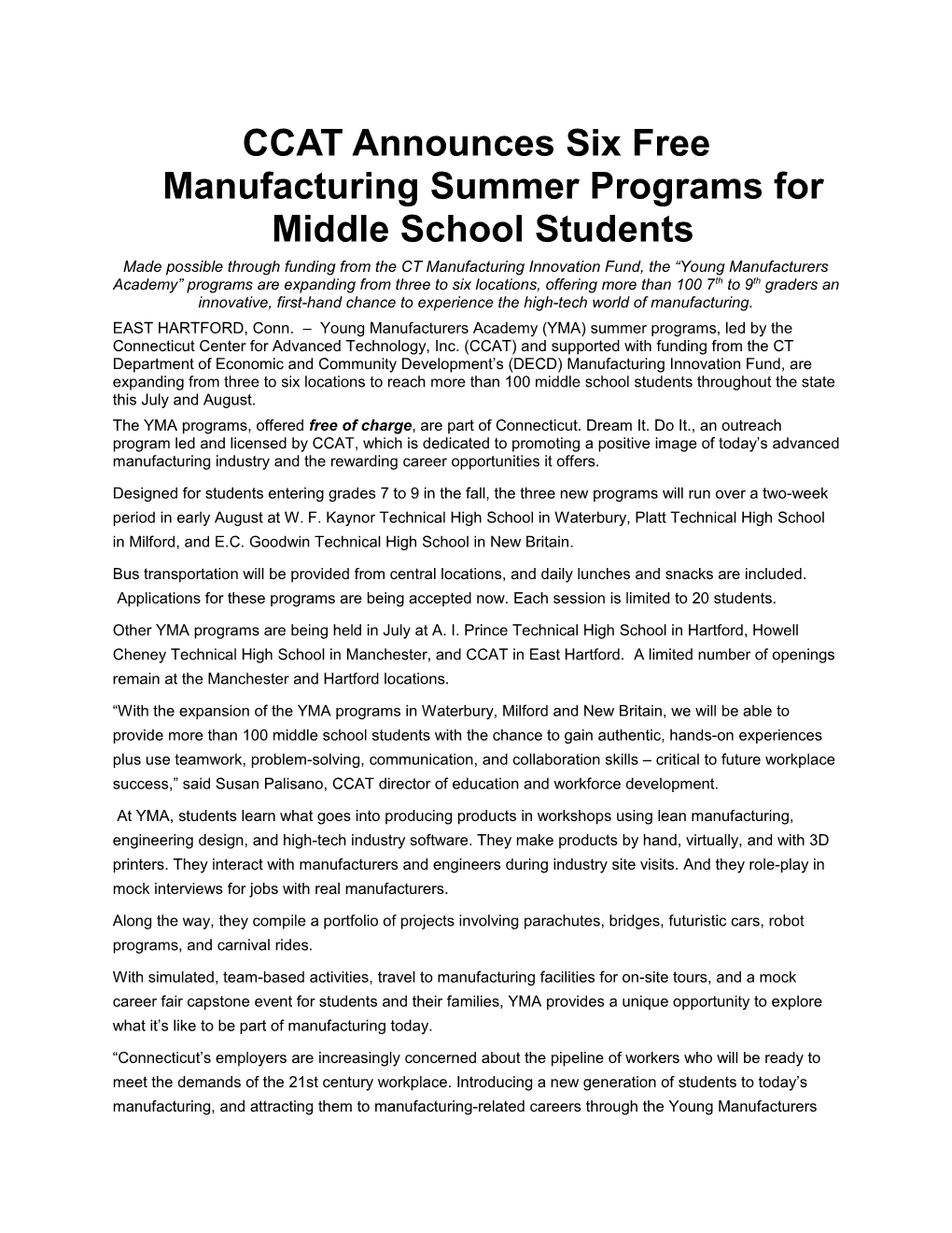 CCAT Announces Six Free Manufacturing Summer Programs for Middle School Students