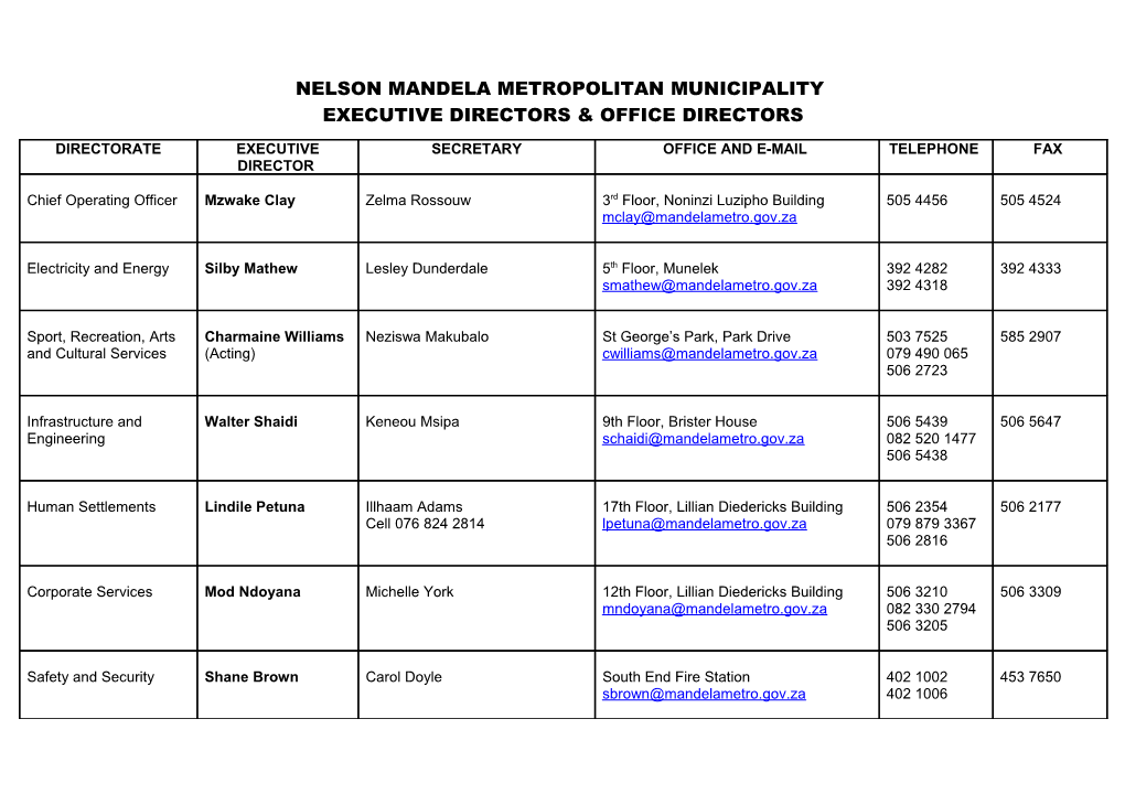 Nelson Mandela Metropolitan Municipality : Addresses & Tel