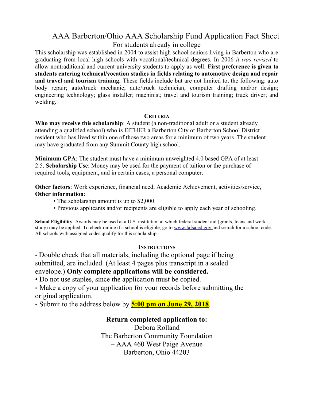 AAA Barberton/Ohio AAA Scholarship Fund Application Fact Sheet