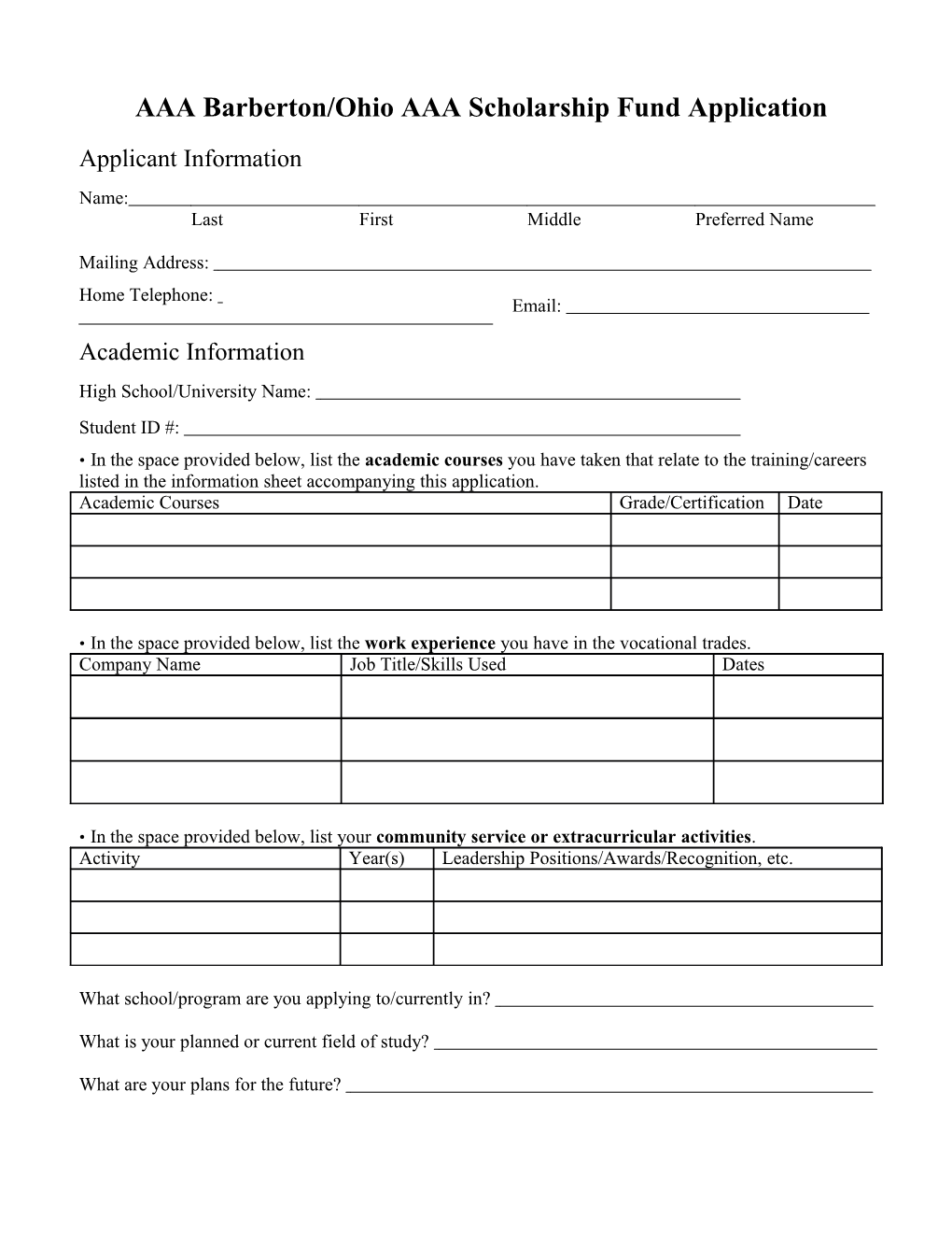 AAA Barberton/Ohio AAA Scholarship Fund Application Fact Sheet