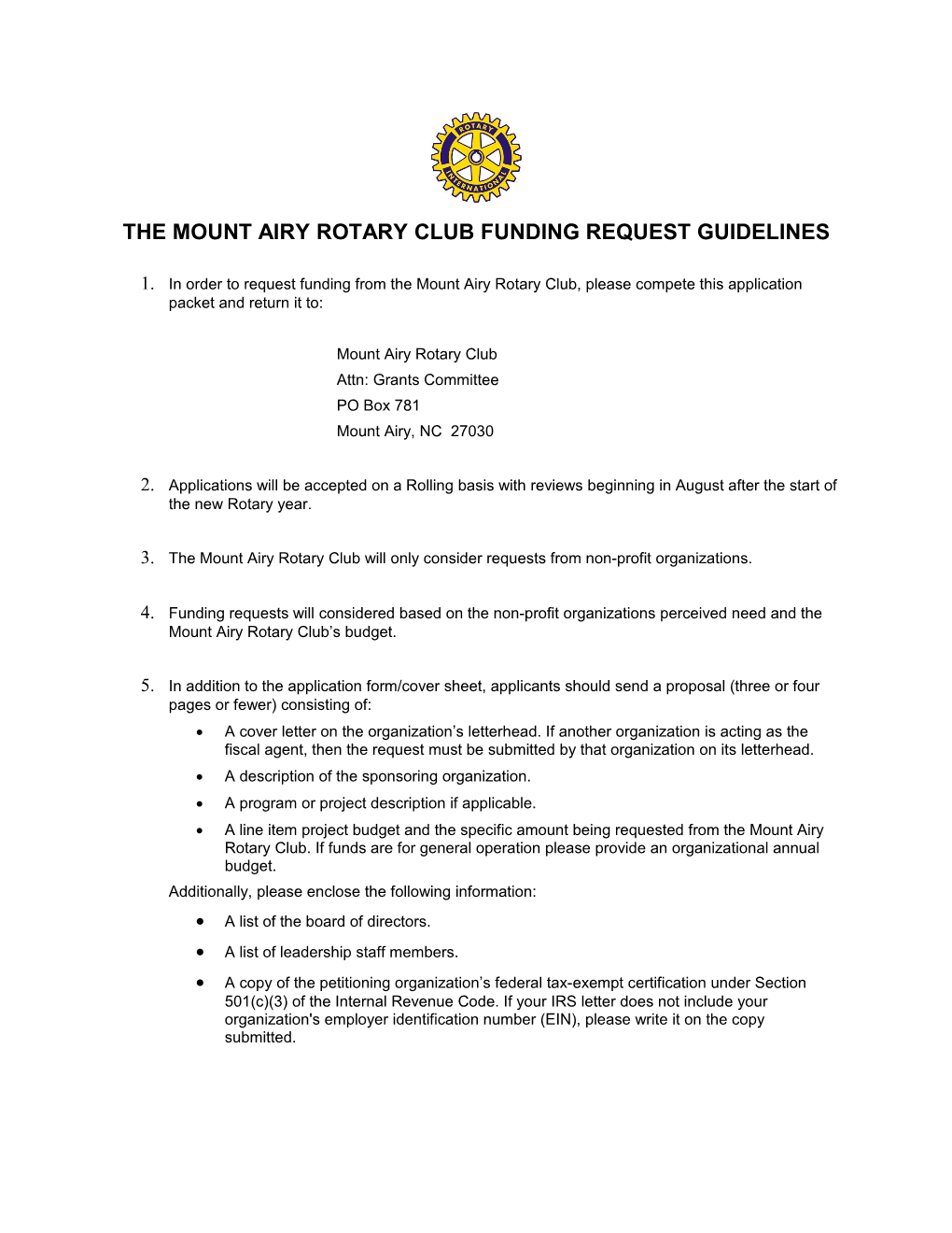 The Mount Airy Rotary Club Funding Request Guidelines