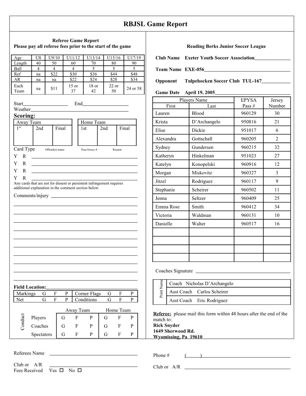 Referee Game Report