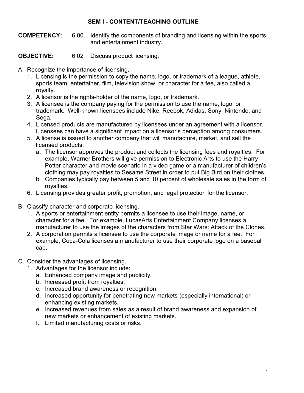 Sem I - Content/Teaching Outline