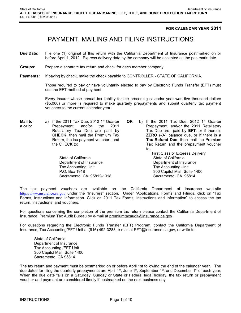 Payment, Mailing and Filing Instructions