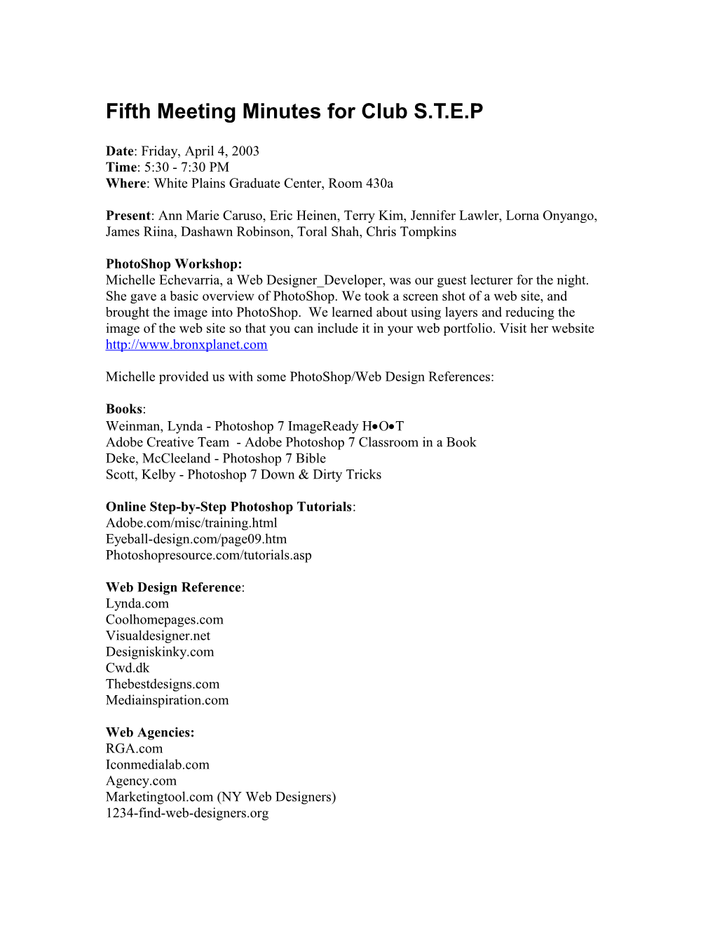 Fifth Meeting Minutes for Club S