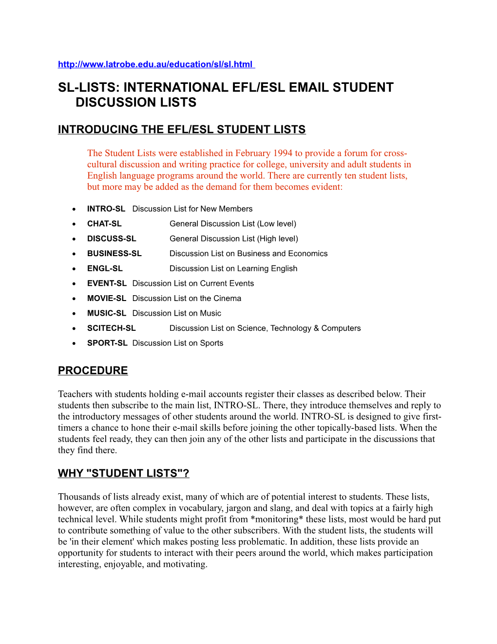 Sl-Lists: International Efl/Esl Email Student Discussion Lists