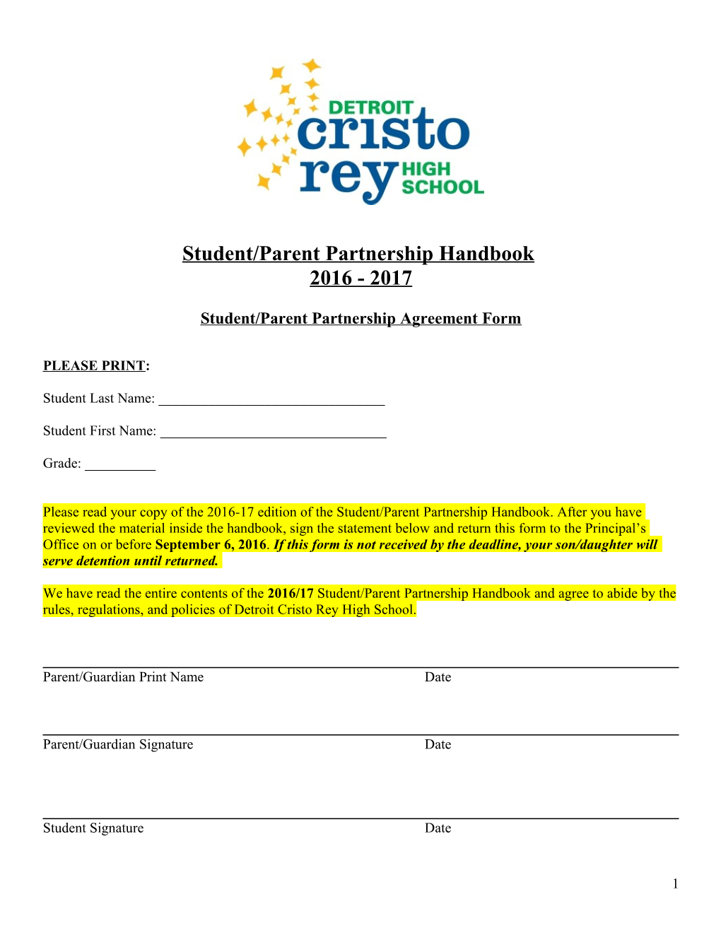 Student/Parent Partnership Agreement Form