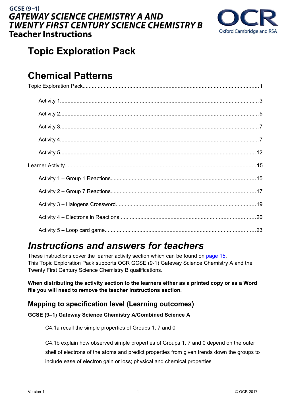 OCR GCSE (9-1) Gateway and Twenty First Century Science Chemistry TEP - Chemical Patterns