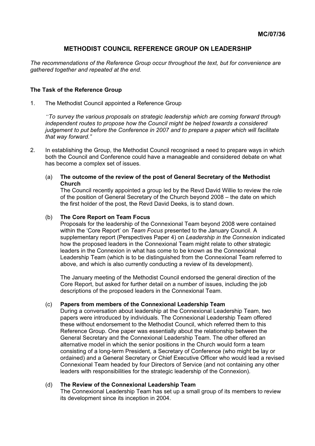 Methodist Council Reference Group on Leadership