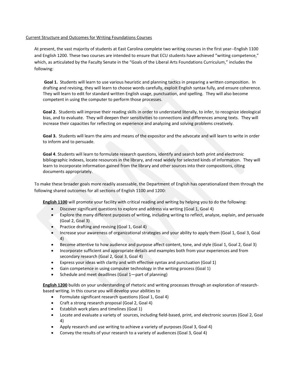 Current Structure and Outcomes for Writing Foundations Courses