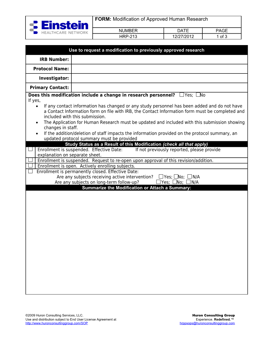 FORM: Modification of Approved Human Research