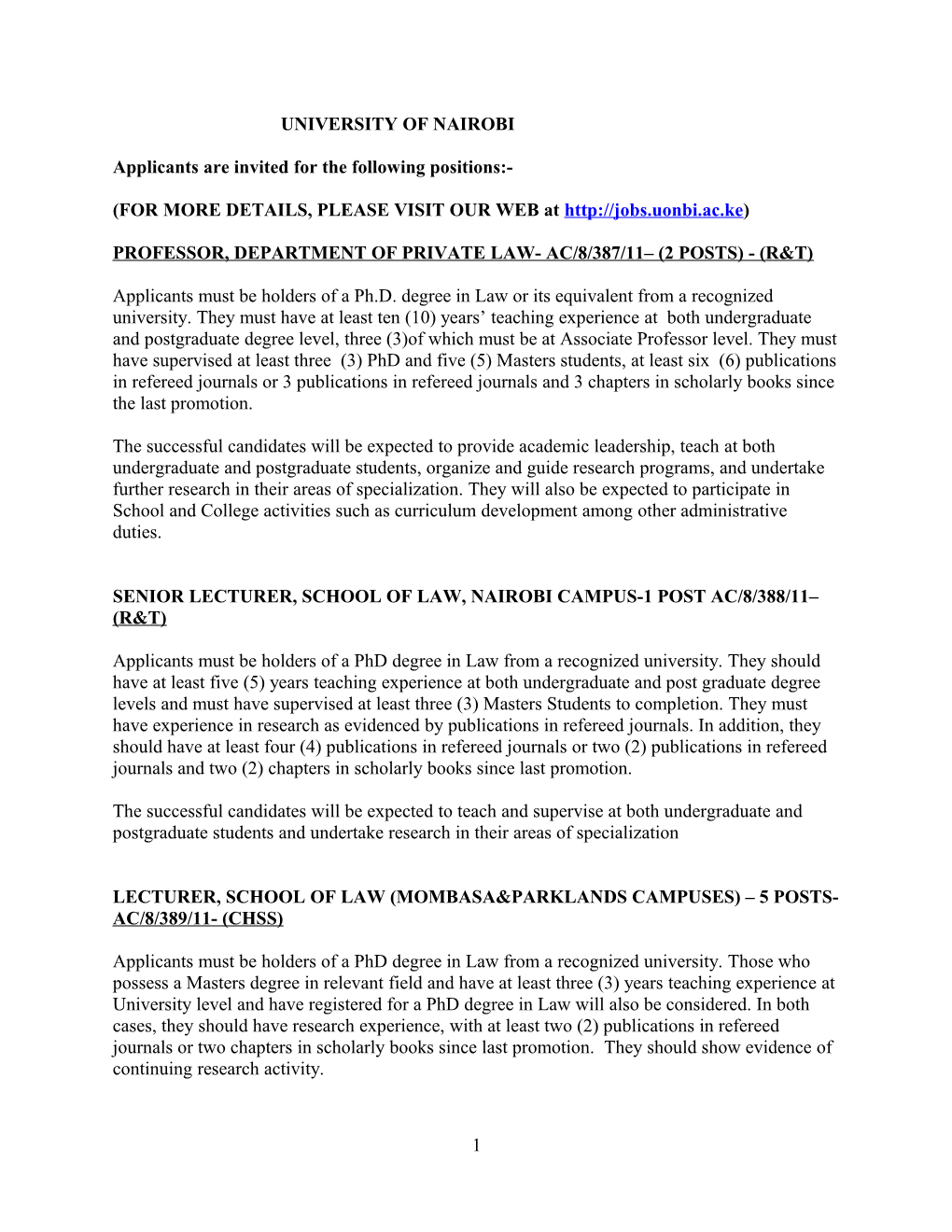 Applicants Are Invited for the Following Positions
