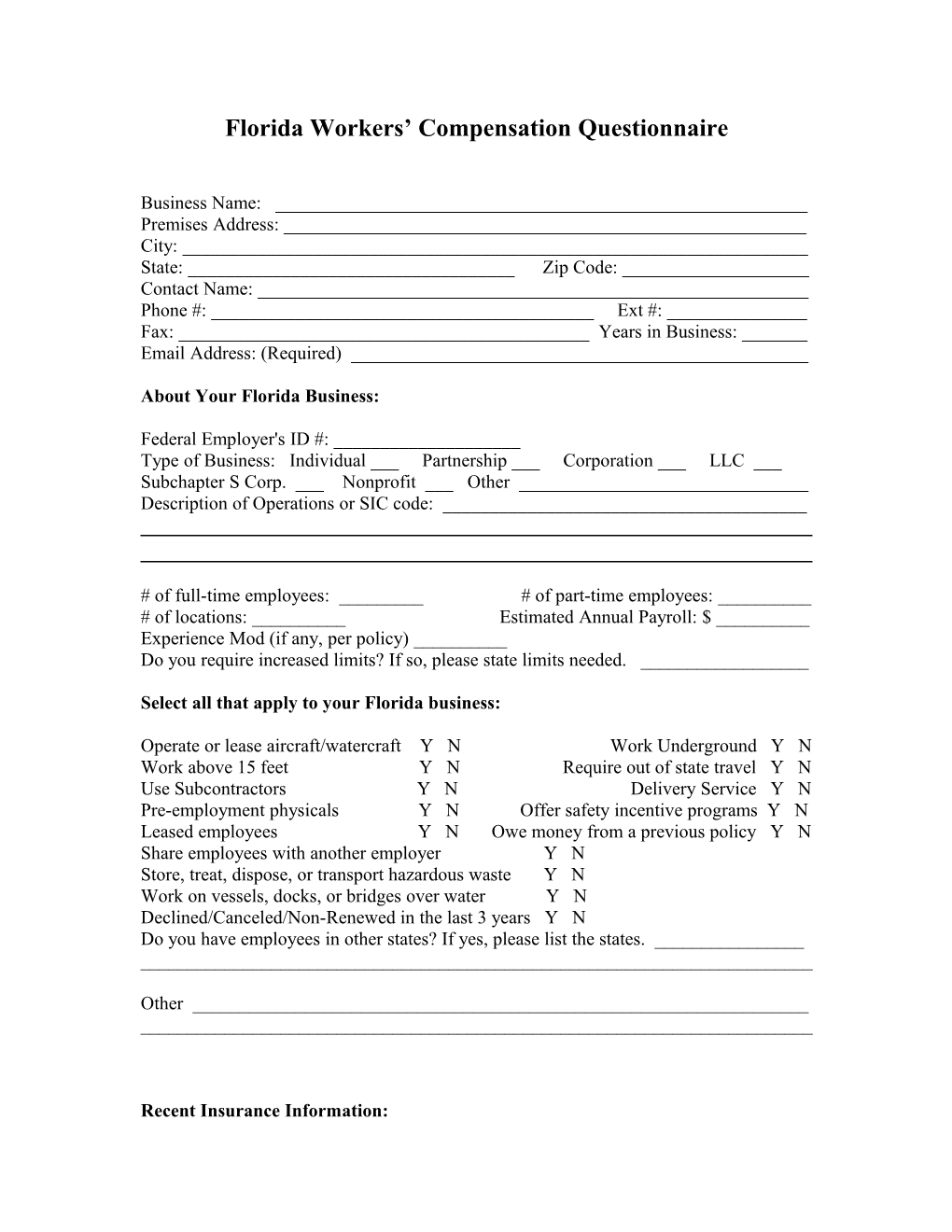 Florida Workers’ Compensation Questionnaire